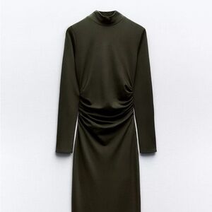 Ruched Olive Midi Dress